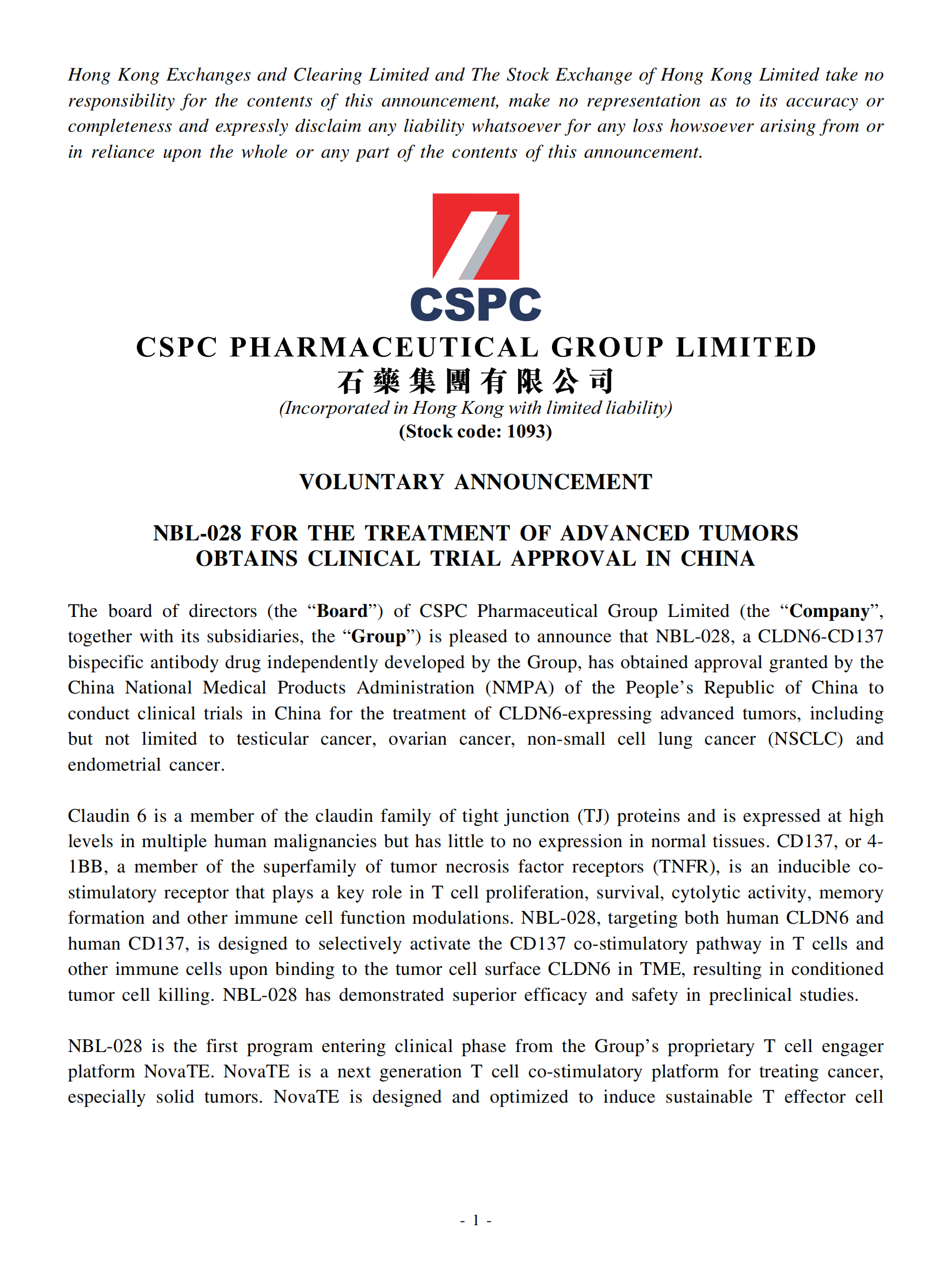 VOLUNTARY ANNOUNCEMENT - NBL-028 FOR THE TREATMENT OF ADVANCED TUMORS OBTAINS CLINICAL TRIAL APPROVAL IN CHINA