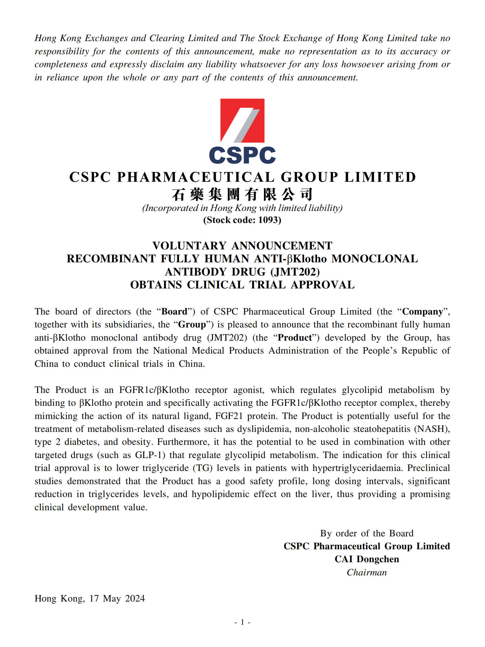 VOLUNTARY ANNOUNCEMENTRECOMBINANT FULLY HUMAN ANTI-βKlotho MONOCLONALANTIBODY DRUG (JMT202)OBTAINS CLINICAL TRIAL APPROVAL_00.png