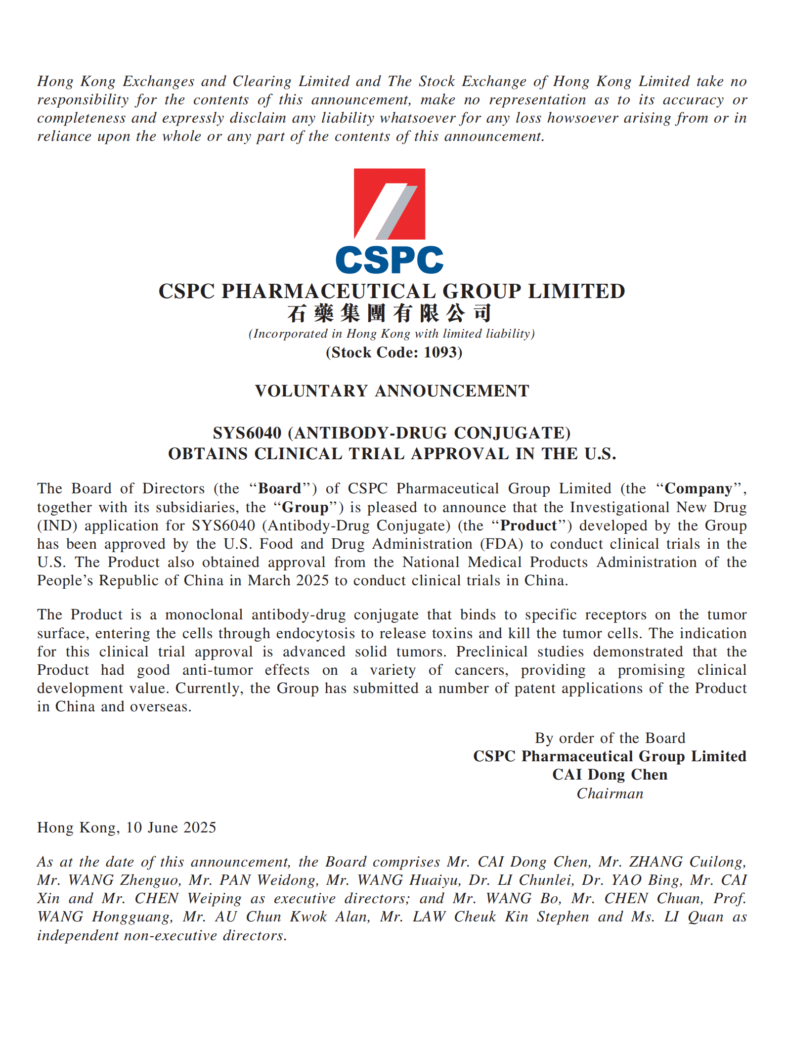 VOLUNTARY ANNOUNCEMENT - SYS6040 (ANTIBODY-DRUG CONJUGATE) OBTAINS CLINICAL TRIAL APPROVAL IN THE U.S.