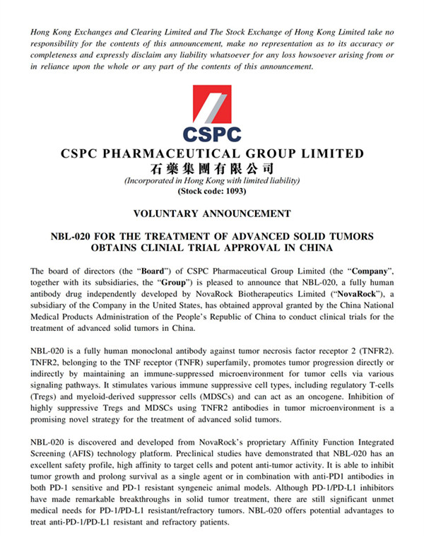 Cspc nbl 020 for the treatment of advanced solid tumors obtains