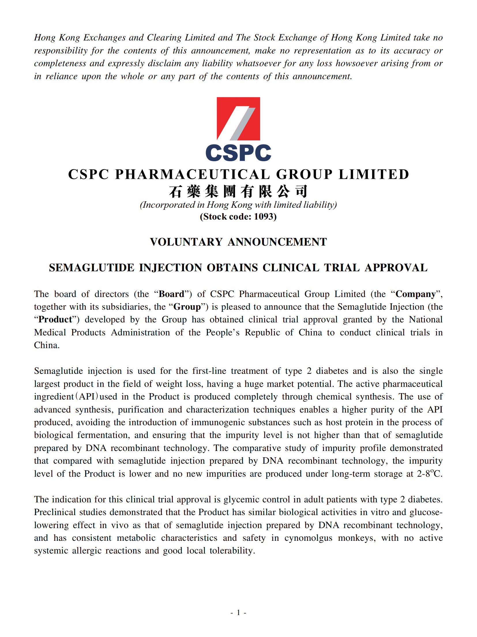 semaglutide hong kong VOLUNTARY ANNOUNCEMENT