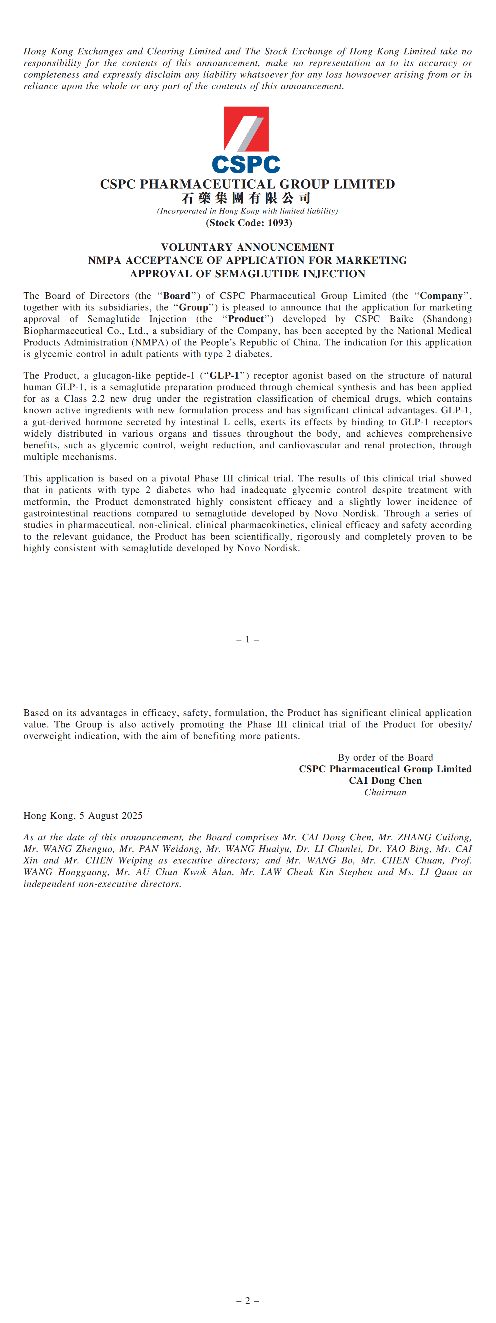 semaglutide approval date VOLUNTARY ANNOUNCEMENT